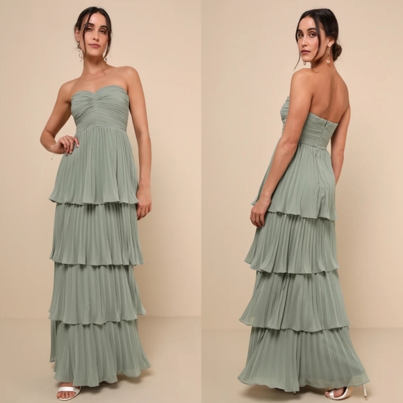 Lulus Seriously Sensational Sage Brush Strapless Tiered Maxi Dress Wedding Prom - Picture 1 of 8